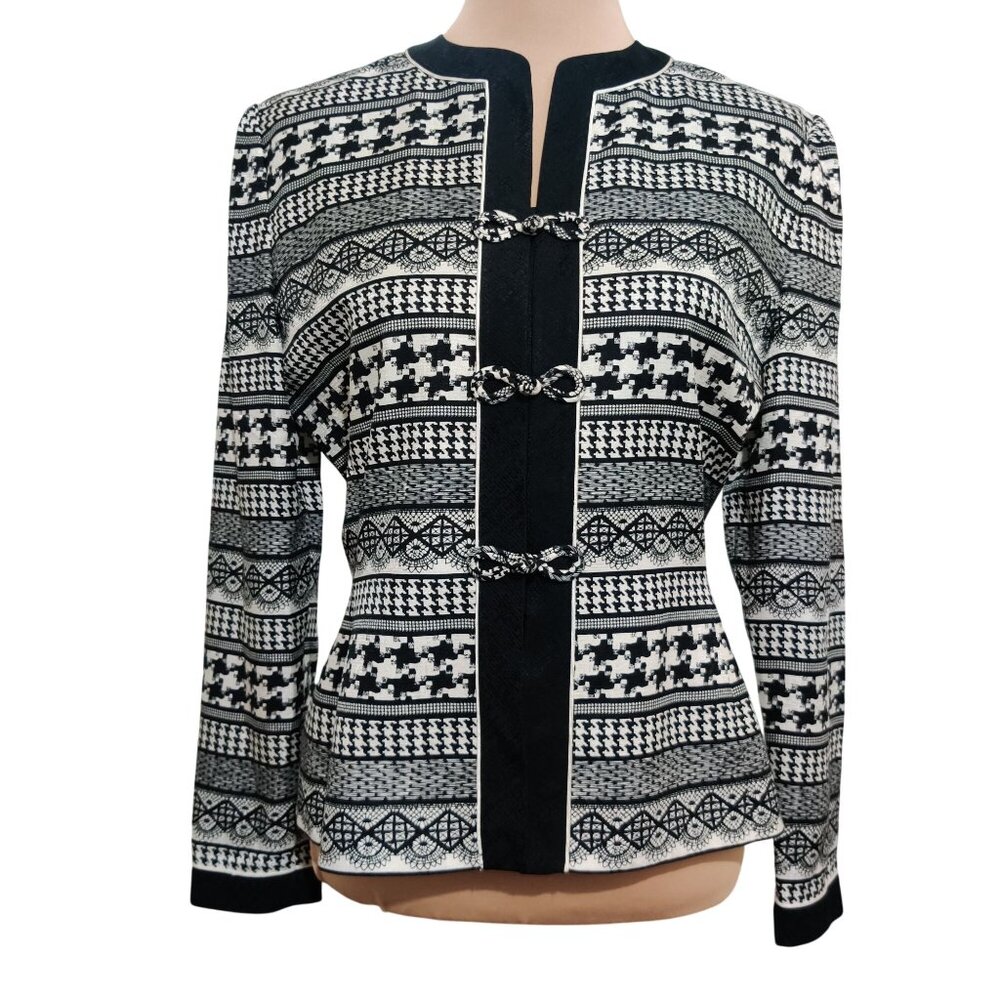 Adrianna Papell Womens Jacket Silk Geometric Chinese Knot Black White Size 6
